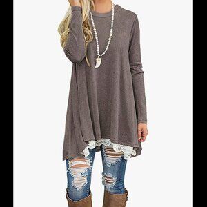 Women's Crew Neck LS Lace Swing Shirt Dresses Long Tunic Blouse for Leggings GRY